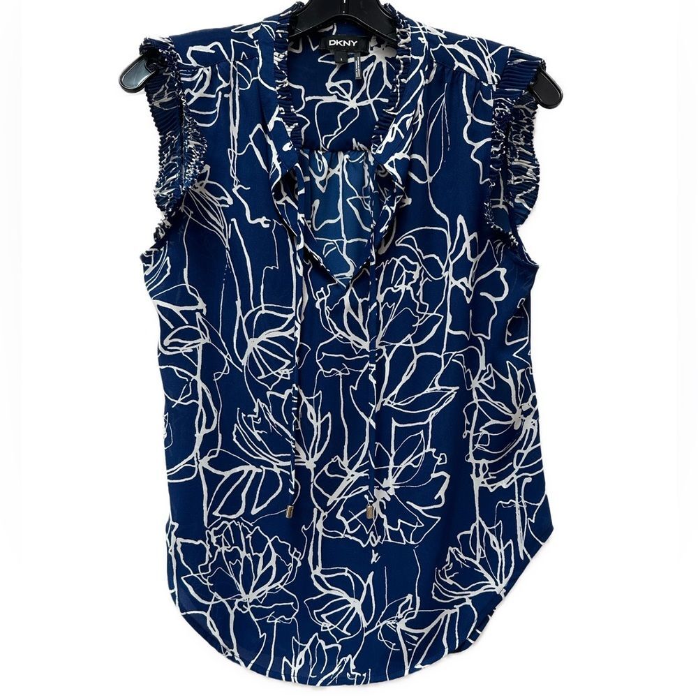 DKNY Blue & White Print Ruffle Top Gold Hardware on Neck Ties Size S